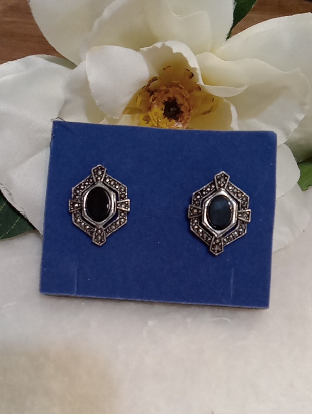 Black Stone and Marcasite Geometric Stud Earrings - Women Jewelry